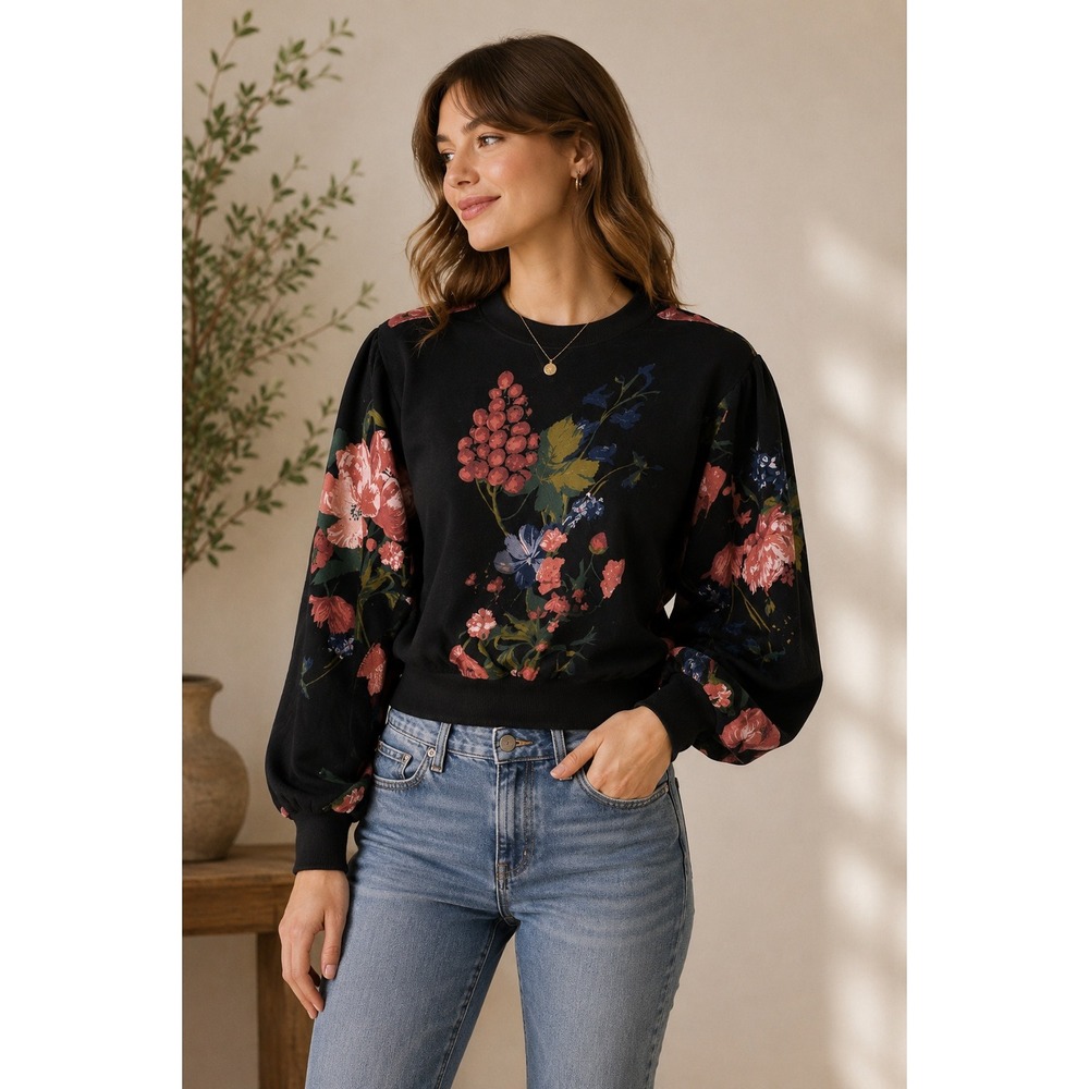 Pilcro Anthropologie Floral Puff Sleeve Sweatshirt Cottagecore XS